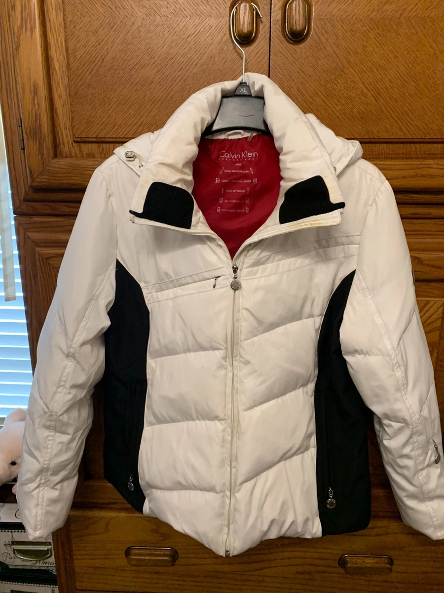 Calvin Klein Puffer Jacket Sz L White Multi Use Inside Pockets Detachable hood