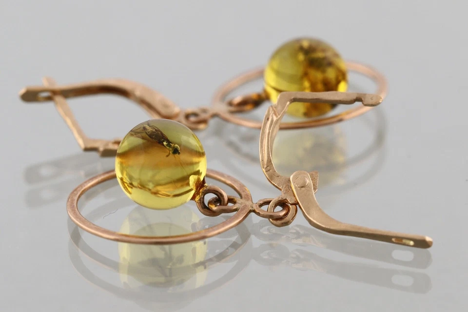 Pendientes Cuentas Redondas ÁMBAR BÁLTICO ORO 14K Fósil INSECTOS 2.5Gg 240118-3 Genuino Foto 4 de 4