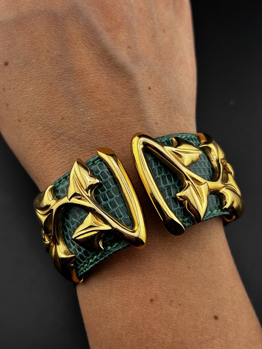 Van Der Bauwede Ivy Vermeil Cuff Green Lizard Leather Bangle