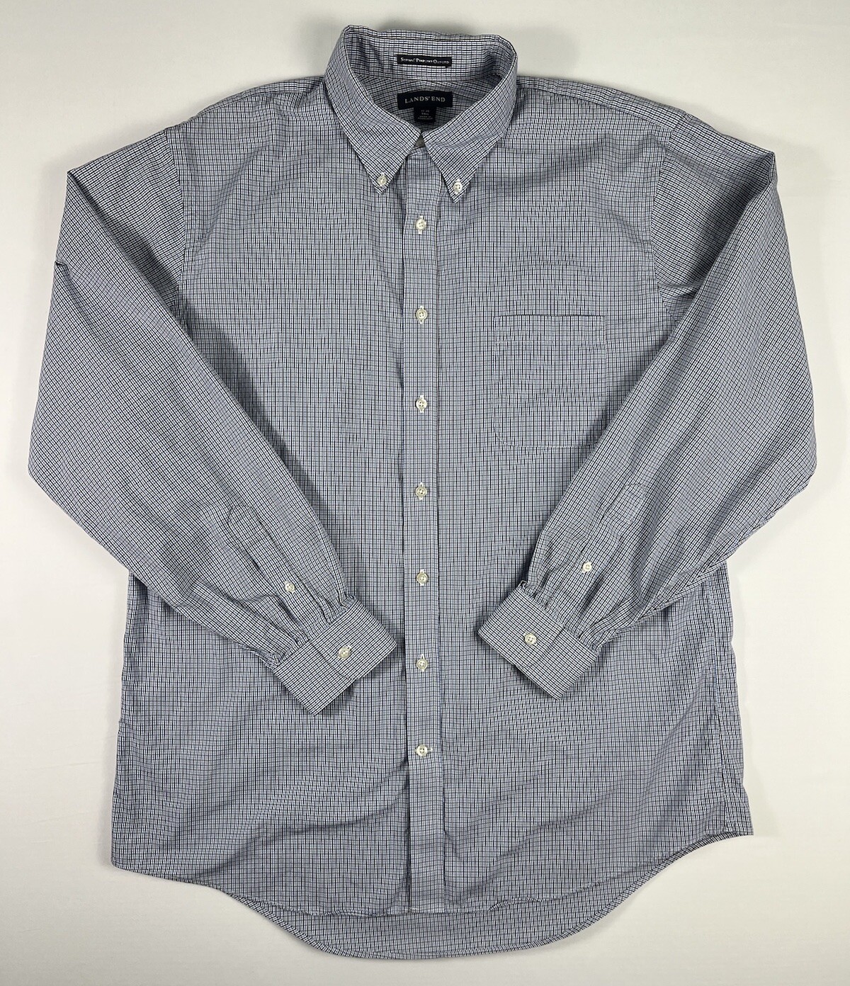 Lands' End 17-36 Tall Supima Pinpoint Oxford White Blue Black Check Shirt