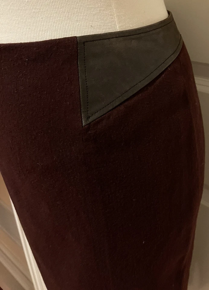 Falda Donna Karan NY Borgoña Lana/Cuero Detalle Talla 6~ ESTILOSA~Hecha en Italia Foto 3 de 4