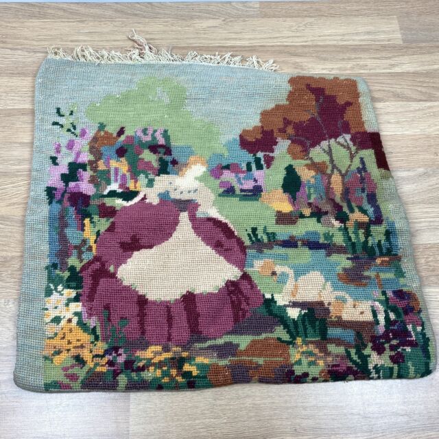 Vintage Crinoline Lady And Swans Embroidered Needlepoint Cushion Cover Slip Vintage Crinoline Lady And Swans Embroidered Needlepoint Cushion Cover Slip