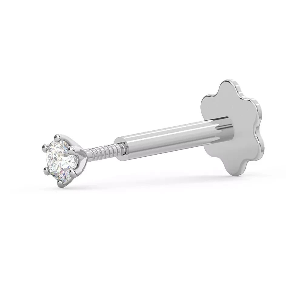 14K White Gold 0.11 Ct Diamond Nose Stud Screw Ring Piercing Pin 18 Gauge