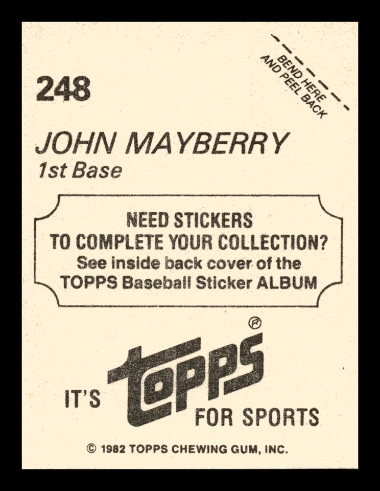 1982 Topps Stickers John Mayberry  Toronto Blue Jays #248 Centered Mint Foto 2 de 2