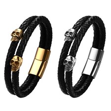 Men's Double-layered Leather Braided Skull Bracelet Magnetic Buckle Bangle Cuff