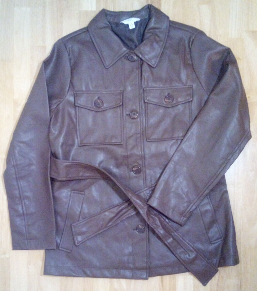 Time and Tru Womens Brown Faux Leather Belted Trench Coat Size M 8-10  