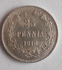 1916 Finland 25 Pennia - Au/Unc - Excellent Silver Coin - Rare Type - Lot #Y21