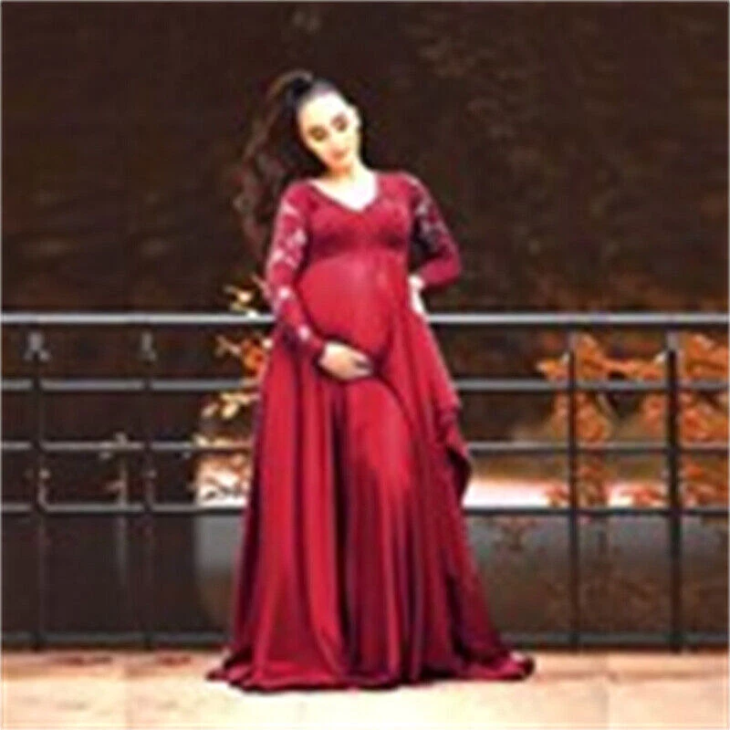 Maternity Baby Shower Dress V-Neck Long Sleeves Lace Chiffon Maxi Gown Pregnant - Image 2 of 4