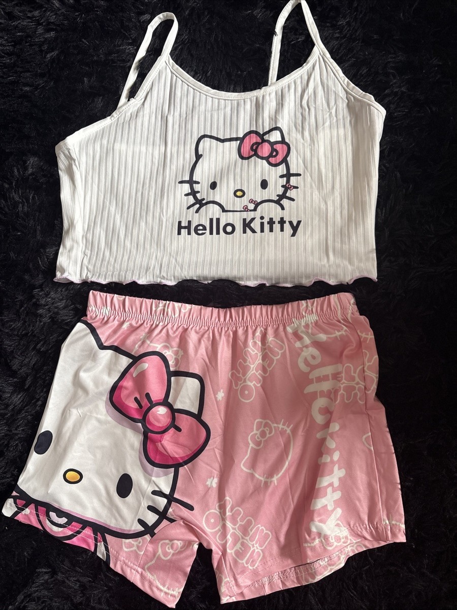 Hello Kitty PJ,s Set Shorts White Textured Vest And Bright Pink