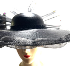 VTG 80s Large Hat Black Broad 6 1/2" Rim W/Netting  Rhinestones Polyporpylene
