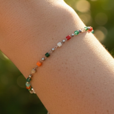 Boho Multi-Gemstone Silver Tone Bracelet Minimalist Emerald Ruby Beaded Chain