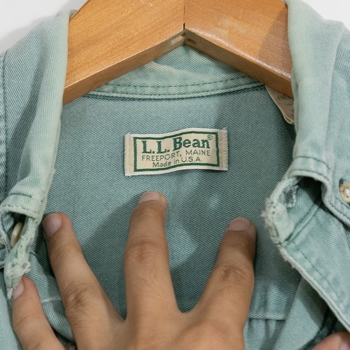 Vintage 90s LL Bean Denim Button Up Shirt Medium Teal Faded Distressed USA Made - Picture 5 of 9