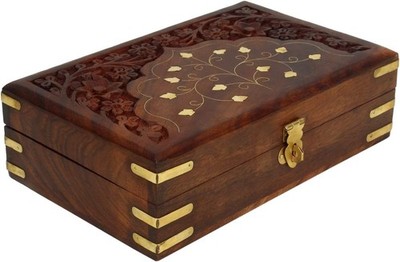 Handmade Wooden Jewellery Box with Brass Inlay for Women | Hand Carved Multipurp