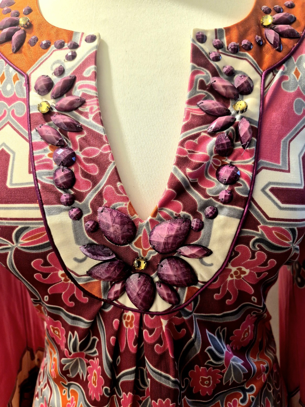 Hale Bob Silk Dress XS Pink Orange Embellished Beaded Boho Tunic Mini image 3