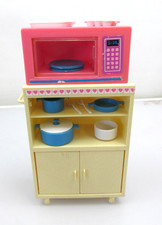 Vintage Barbie Kitchen Microwave Cart Cabinet w/ Accessories 80s Pots Pans