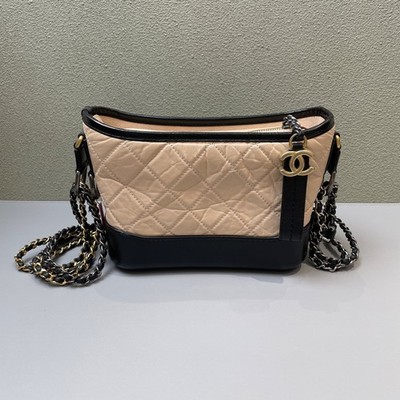 Chanel Gabrielle Beige and Black Leather Crossbody Bag with Gold Hardware.