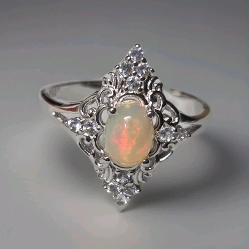 Beautiful Natural Fire Opal & Topaz 925 Silver Vintage Style Ring Size 8 1471