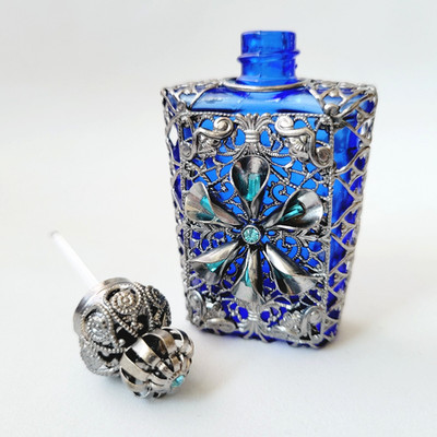 Perfume Czech Vial Art Deco Cobalt Blue Glass Small Czech Bottle for Perfume