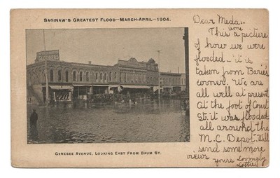 1904 Genesee Avenue street flood, Saginaw, Michigan; history postcard