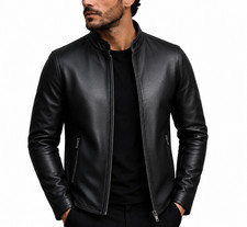 Mens Genuine Leather Jacket Black Sheepskin Slim Fit Motorcycle Biker Jackets