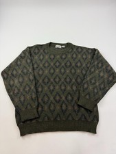 Vintage AGGIO Sweater Mens Large Green Argyle Mohair Wool Crewneck Knit Pullover