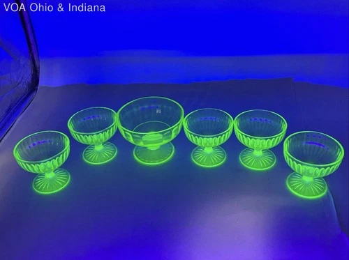 Uranium Glass Sherbet Bowls 6 Piece Lot Green Depression Era Ribbed Pattern