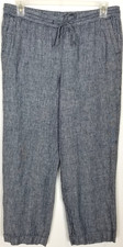Talbots Women's 100 Linen Wide Leg Pants Crop Sz L Gray Striped Drawstring