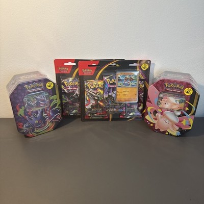Pokemon TCG Gengar + Clefable Mega Moonlit Tin, + 2x Pitch Black 3 Pack Blister