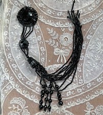 Edwardian Black Glass Beaded Mourning 14" Dress Tassel Bodice Front