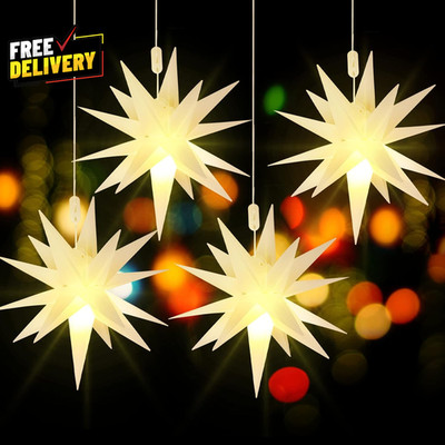 4 Pcs Moravian Star LED Hanging Lights 12 Inch Battery Timer Indoor Outdoor Whit