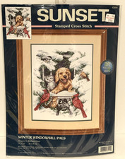 Sunset Stamped Cross Stitch Kit 1999 Winter Windowsill Pals 11 In x 14 Inch