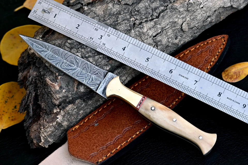 HANDMADE DAMASCUS KNIFE  FORGED STEEL HUNTING DAGGER BOOT KNIFE CAMEL BONE 864 - Image 3 of 4