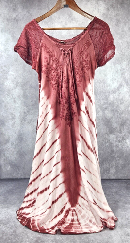 Tie Dye Women Short Sleeve Rayon Boho Dress Top One Size Bordeaux/White
