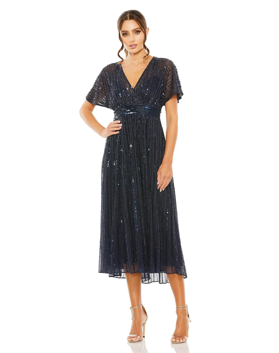 Миди-платье MAC DUGGAL Midnight, украшенное блестками и бисером, с V-образным вырезом и коротким рукавом 10