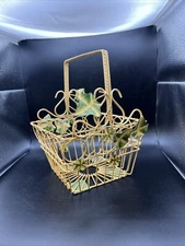 Yellow ￼Square metal basket with green & yellow leaves metal Spring w/ handle