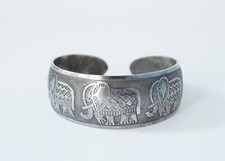 Women Carved Elephant Silver Tone Bangle Cuff Bracelet Boho Chic Tribal Chunky