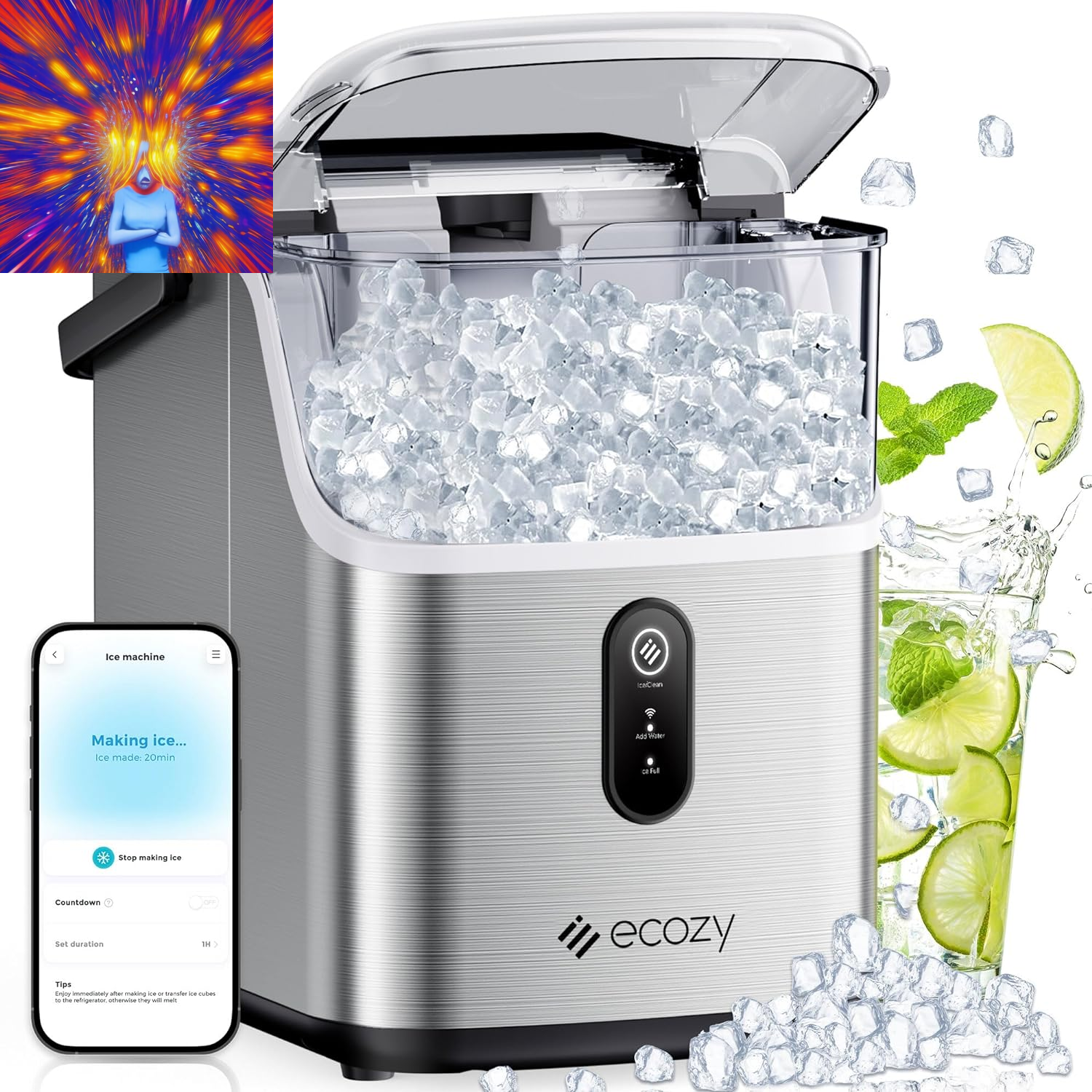 Smart Nugget Ice Maker Countertop, Pebble Ice Maker with 35Lbs/24H Soft Chewable