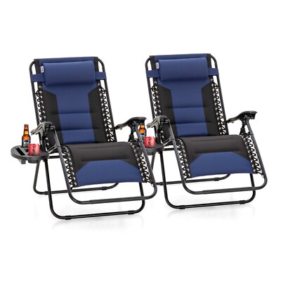 2Pcs Foldable Zero Gravity Chair Patio Lawn Chairs Lounge Recliner w/ Cup Holder