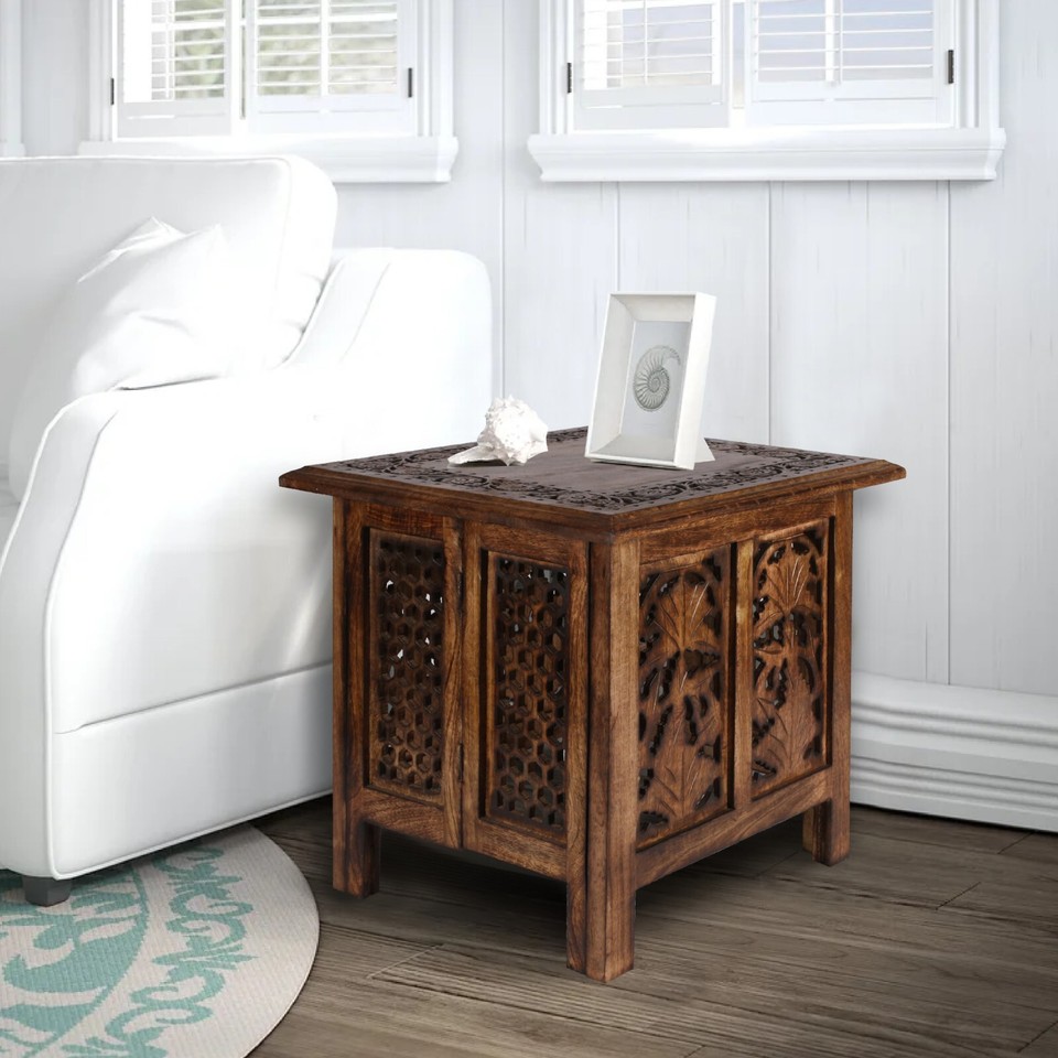 Antique Effect Square Carved Wooden Bedside Lamp Table Side End Coffee