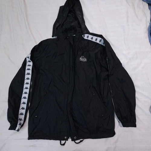Kappa Basics Hooded Nylon Jacket Mens Large Black White Logo Tape Windbreaker - product listing photo