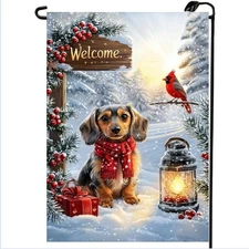 Winter Welcome Garden Flags 12x18 Double Sided, Small Burlap Dachshund 