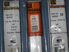 Plastruct 3/8"/9.5mm Styrene I-Beam, Column, Square Tubing 15" long - Lot of 3