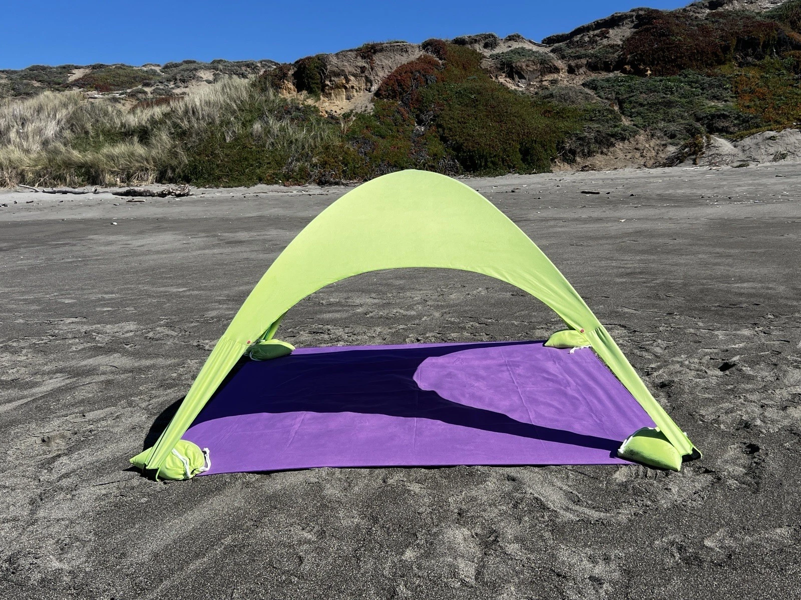 “Bechit – The All-in-One Beach Shade & Towel Tent” "Green & Purple"