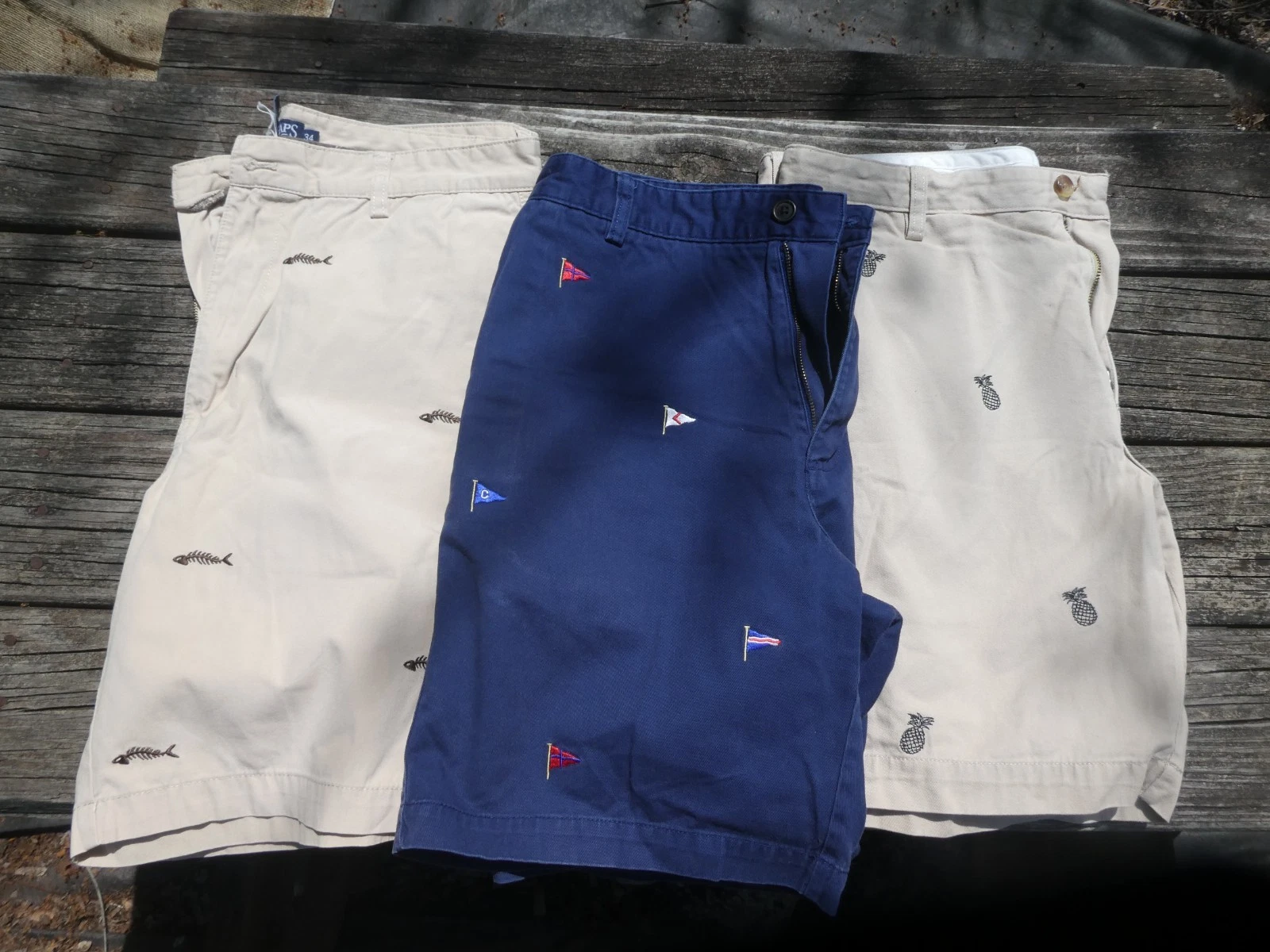 3 LOT Chaps Chino Shorts Mens Sz 34 Fish Bones Skeleton/FLAG/ PINEAPPLE Casual