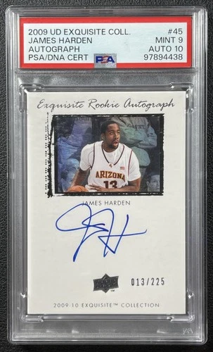 JERSEY # 13/225 JAMES HARDEN PSA 9 2009-10 UD EXQUISITE COLL #45 ROOKIE AUTO RC