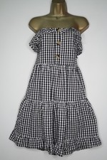 ASOS BLACK WHITE GINGHAM CHECK STRAPLESS SUN DRESS SIZE 14 COTTON BANDEAU TIER
