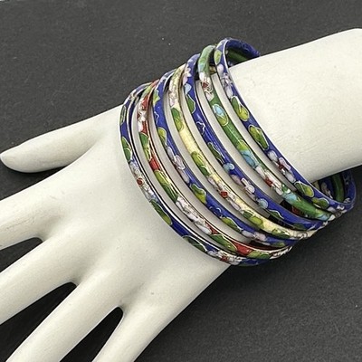 CLOISONNE bracelet stack - set of 7 thin enamel bangles - colorful floral 7.75''