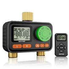 RESTMO RF Remote Controlled Sprinkler Timer with Brass Inlet & Outlet, 2 Outlets