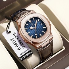 POEDAGAR Men's Quartz Watch Date Luxury 30M Waterproof Leather Luminous NEW