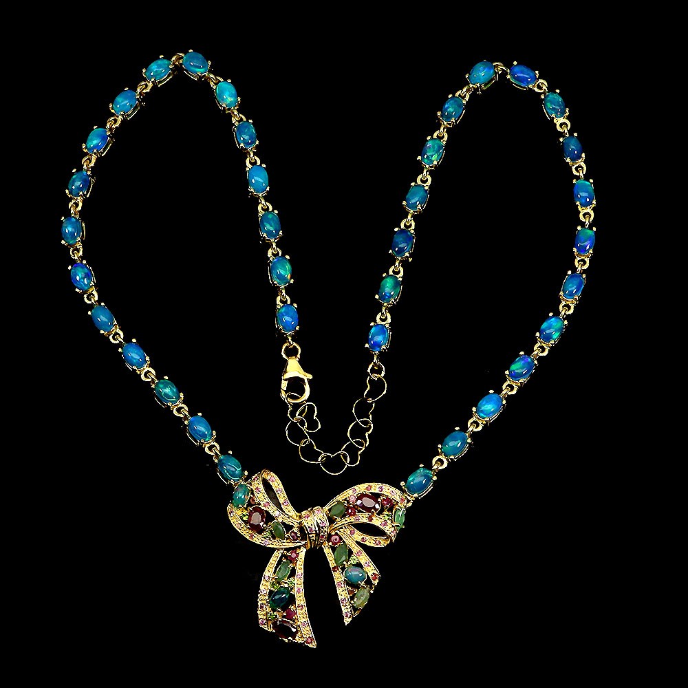 925 Sterling Silver Necklace Oval Blue Opal 6x4mm Emerald Ruby Gemstone 16.5in